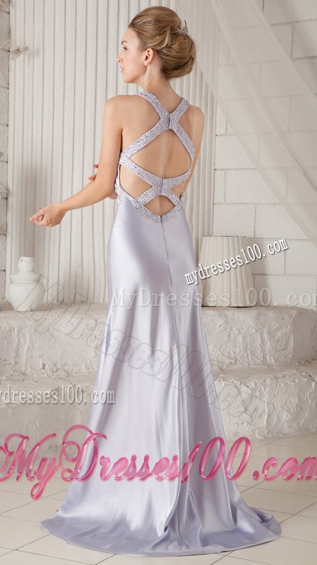 Lilac Straps Beaded Sweep Train Criss Cross Back Prom Gown Dresses