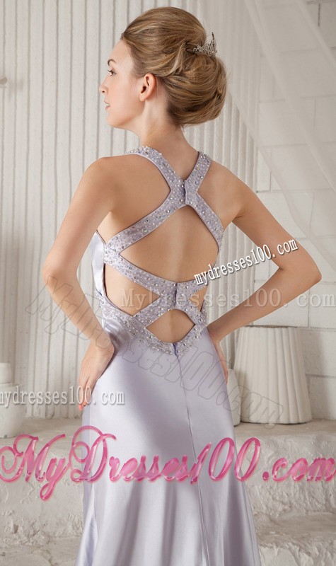 Lilac Straps Beaded Sweep Train Criss Cross Back Prom Gown Dresses