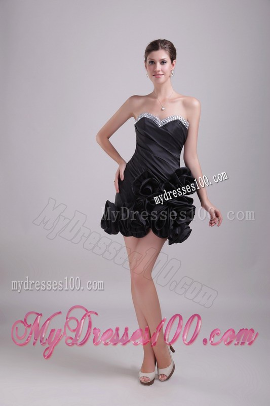 Special Sweetheart Beaded Rolling Flowers Mini Prom Dress in Black