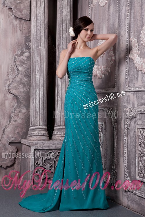 Fitted Strapless Court Train Appliques Teal Prom Dresses for Ladies