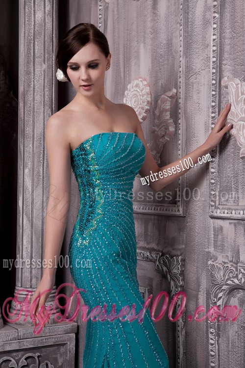 Fitted Strapless Court Train Appliques Teal Prom Dresses for Ladies
