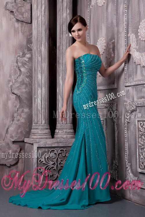 Fitted Strapless Court Train Appliques Teal Prom Dresses for Ladies