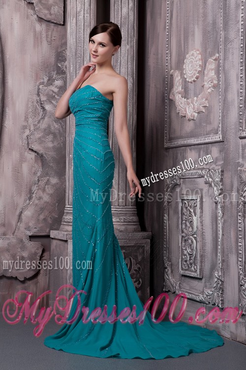 Fitted Strapless Court Train Appliques Teal Prom Dresses for Ladies
