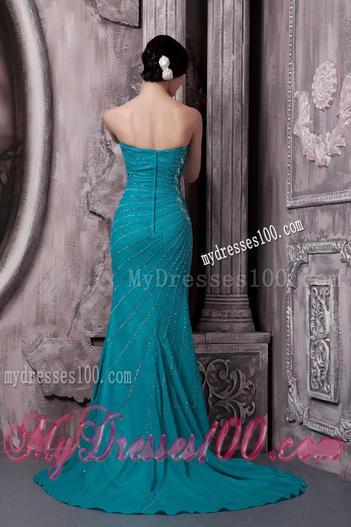 Fitted Strapless Court Train Appliques Teal Prom Dresses for Ladies