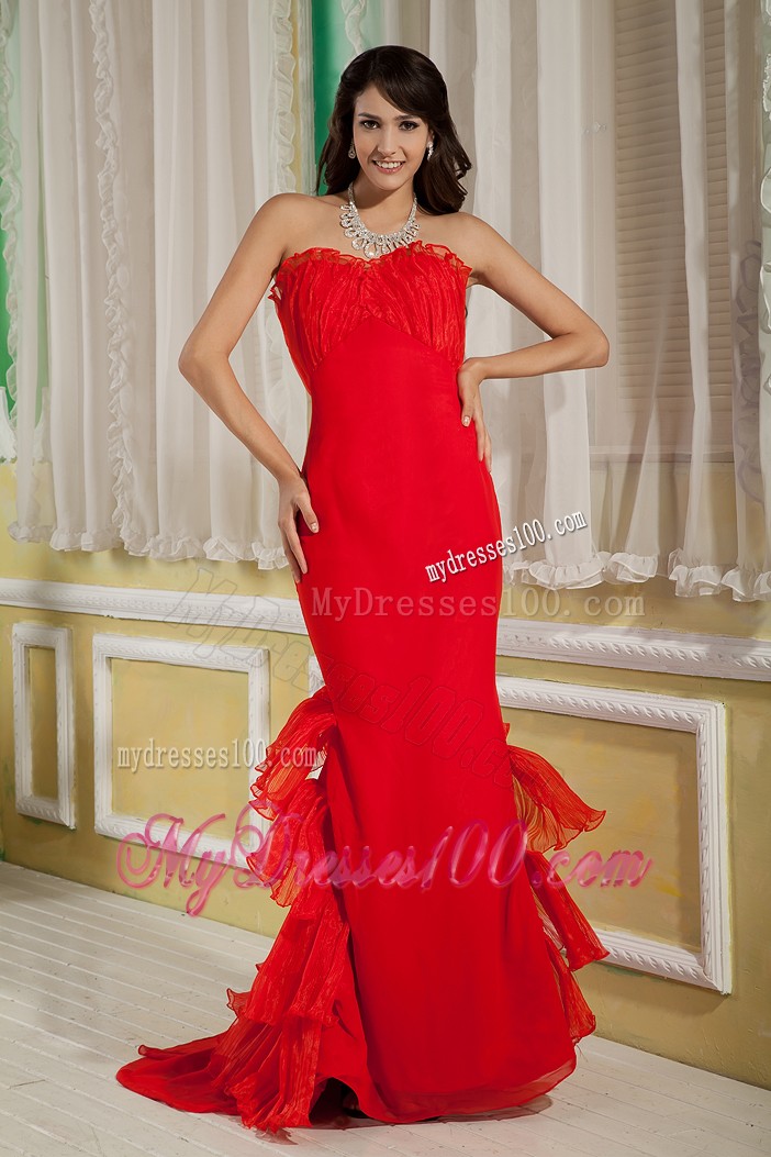 Sweetheart Brush Red Chiffon and Organza Prom Gown