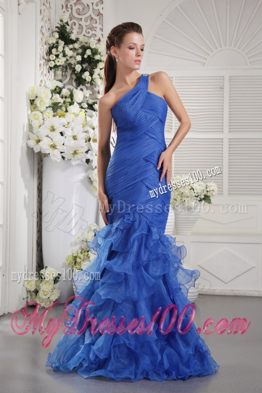 Classy One Shoulder Ruche Blue Mermaid Prom Dress Ruffle Layers
