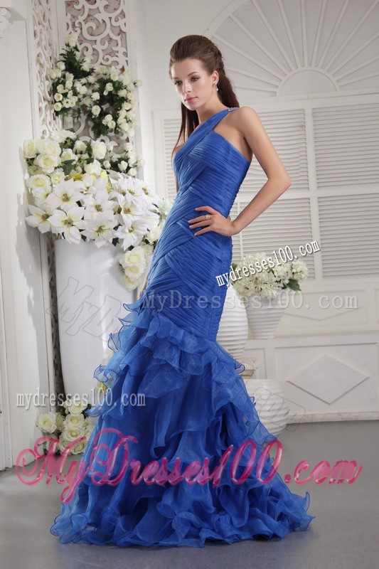 Classy One Shoulder Ruche Blue Mermaid Prom Dress Ruffle Layers
