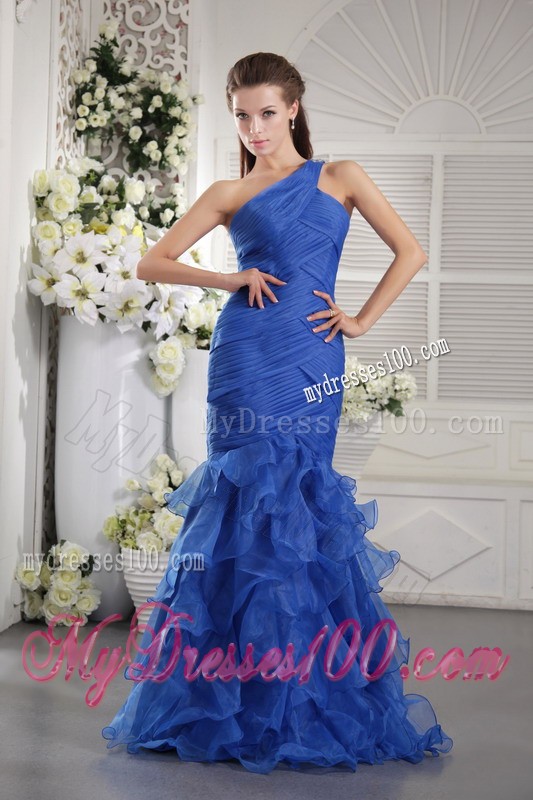 Classy One Shoulder Ruche Blue Mermaid Prom Dress Ruffle Layers