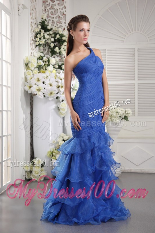 Classy One Shoulder Ruche Blue Mermaid Prom Dress Ruffle Layers