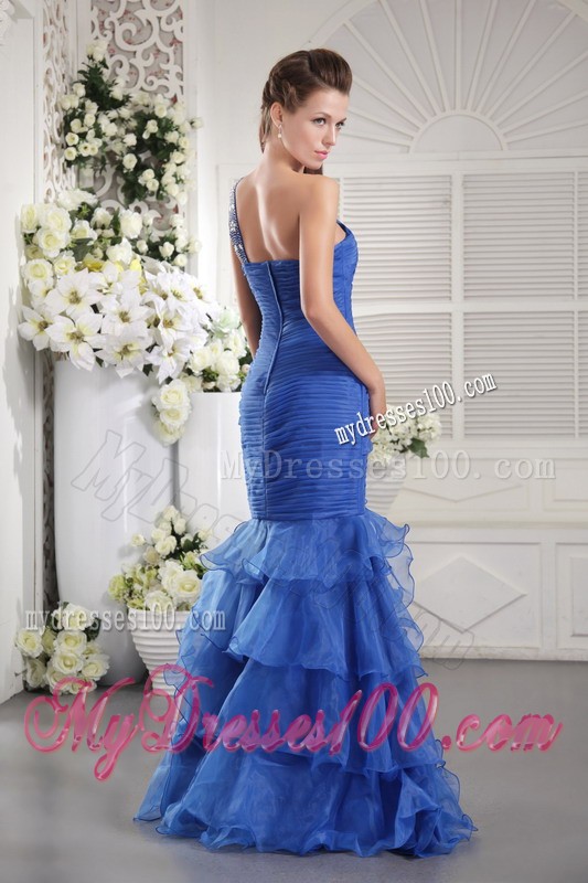 Classy One Shoulder Ruche Blue Mermaid Prom Dress Ruffle Layers