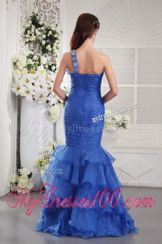 Classy One Shoulder Ruche Blue Mermaid Prom Dress Ruffle Layers
