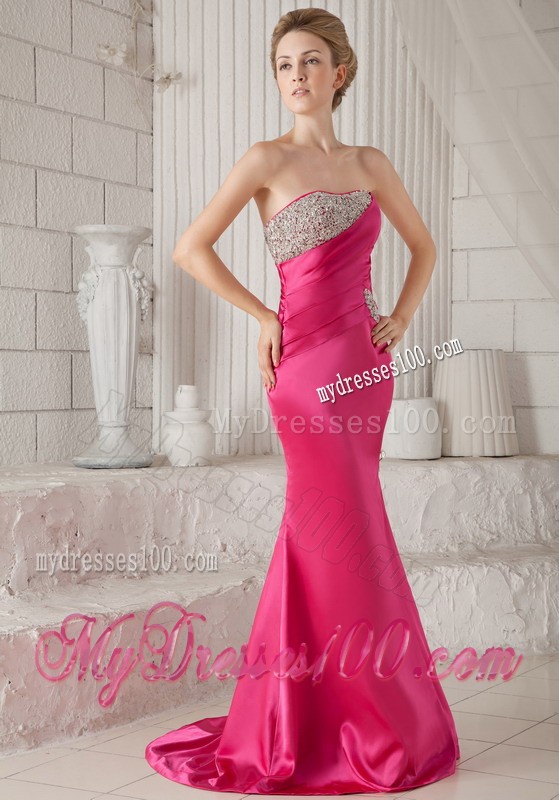 Ruche Beaded Mermaid Strapless Sweep Train Hot Pink Prom Dress for Girls