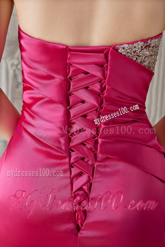 Ruche Beaded Mermaid Strapless Sweep Train Hot Pink Prom Dress for Girls
