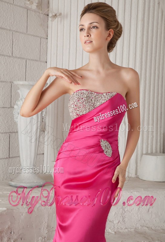 Ruche Beaded Mermaid Strapless Sweep Train Hot Pink Prom Dress for Girls