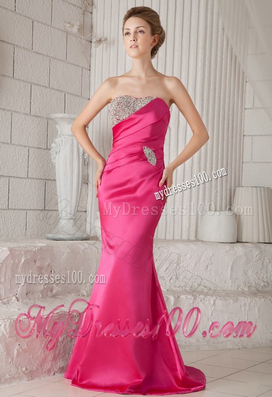 Ruche Beaded Mermaid Strapless Sweep Train Hot Pink Prom Dress for Girls