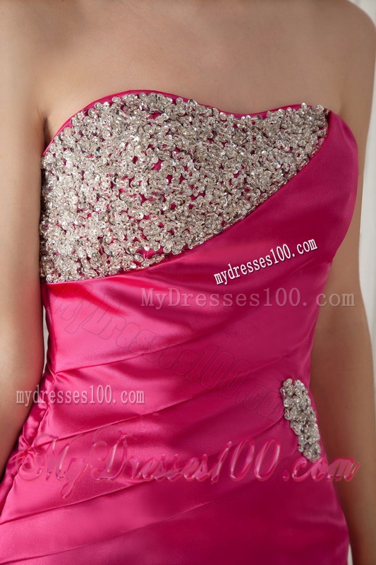Ruche Beaded Mermaid Strapless Sweep Train Hot Pink Prom Dress for Girls