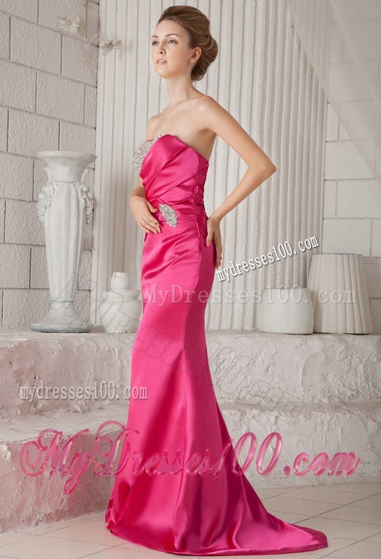 Ruche Beaded Mermaid Strapless Sweep Train Hot Pink Prom Dress for Girls