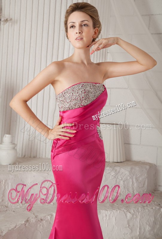 Ruche Beaded Mermaid Strapless Sweep Train Hot Pink Prom Dress for Girls
