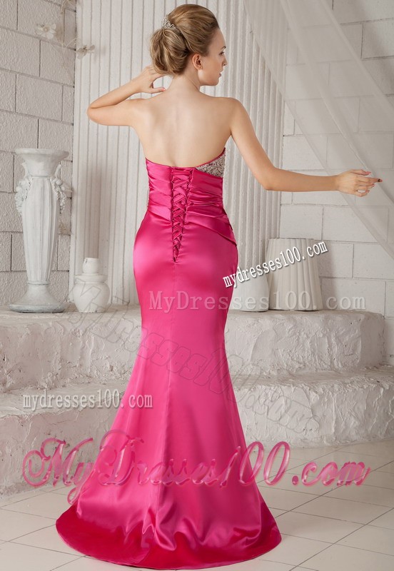 Ruche Beaded Mermaid Strapless Sweep Train Hot Pink Prom Dress for Girls