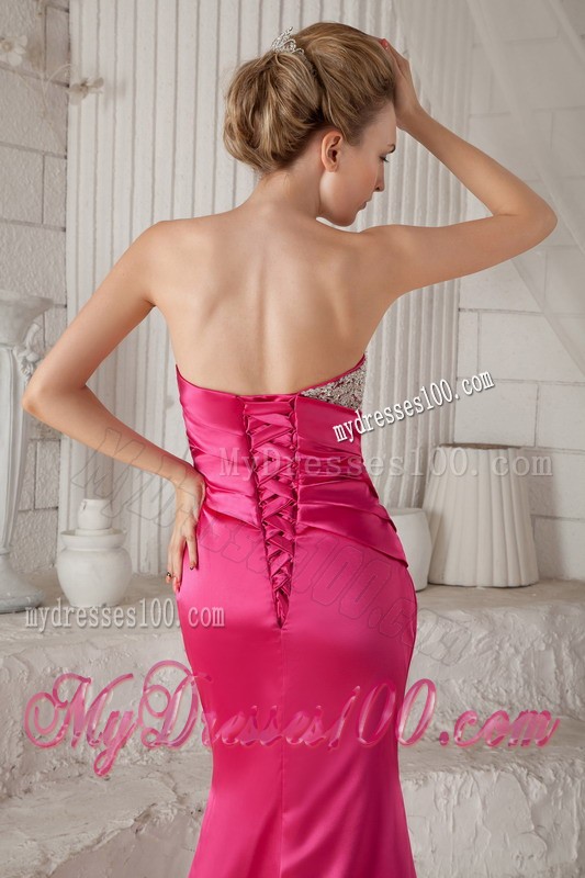 Ruche Beaded Mermaid Strapless Sweep Train Hot Pink Prom Dress for Girls