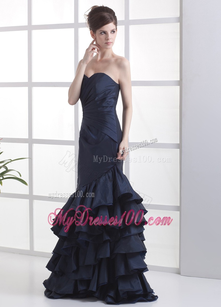 Mermaid Navy Blue Ruching Prom Gown Decorated with Ruffled Layers