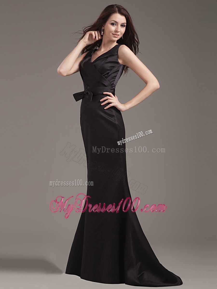 Straps Black Trumpet Dress for Prom with Bowknot and Brush train