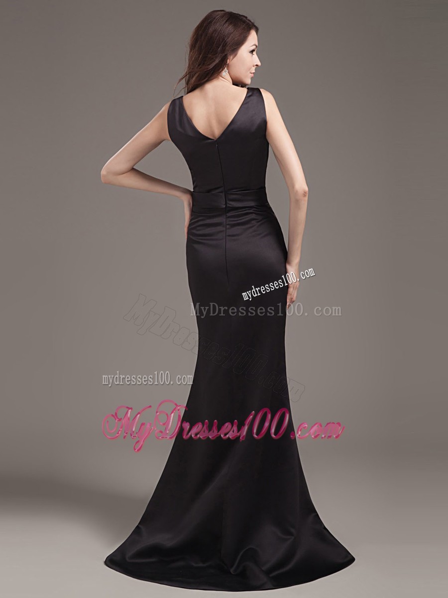 Straps Black Trumpet Dress for Prom with Bowknot and Brush train