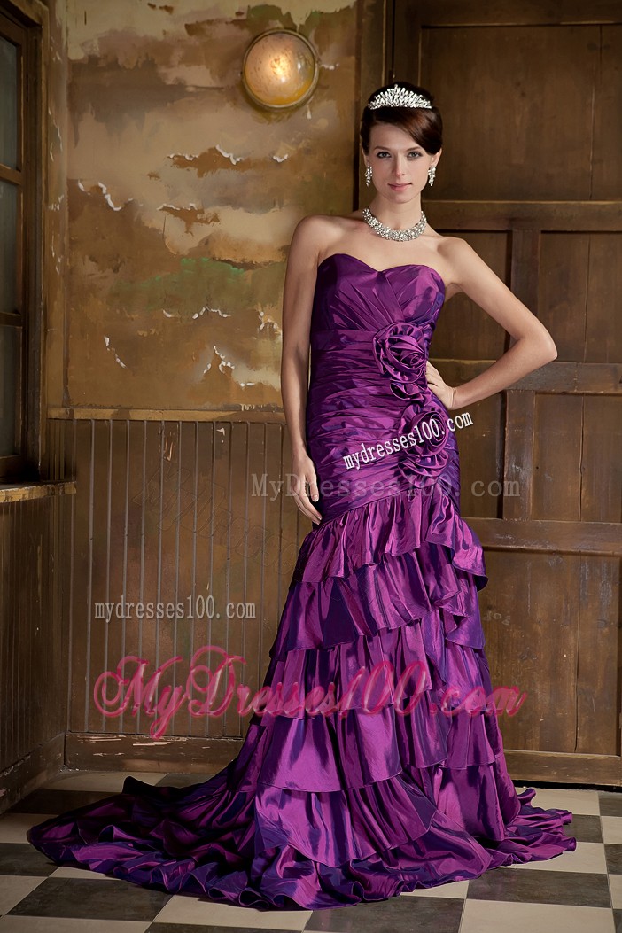 Flowers Ruffled Layers Brush Prom Gown in Eggplant Purple