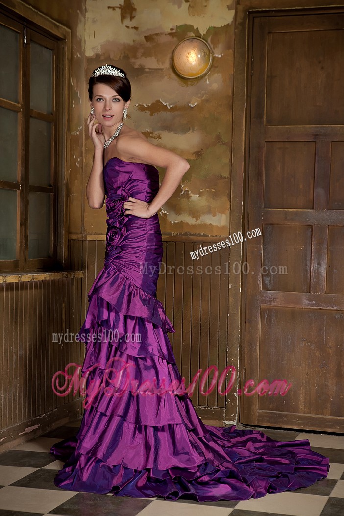 Flowers Ruffled Layers Brush Prom Gown in Eggplant Purple