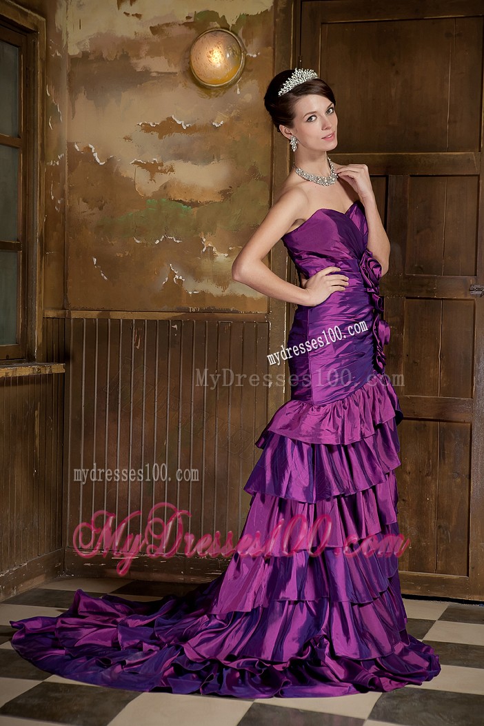 Flowers Ruffled Layers Brush Prom Gown in Eggplant Purple