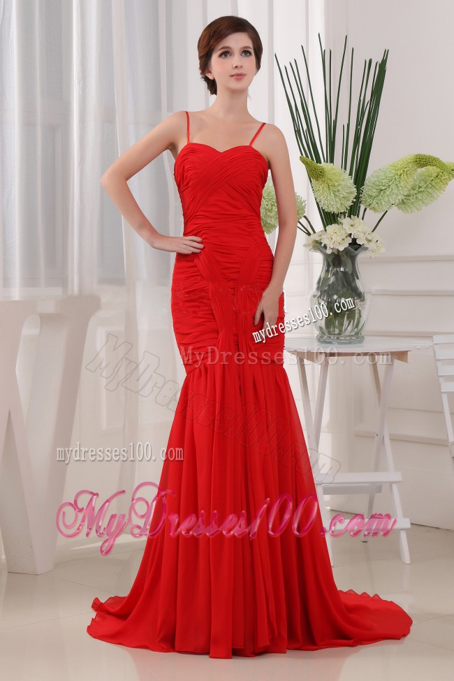 Spaghetti Straps Ruching Prom Gown in Hot Pink with Court train