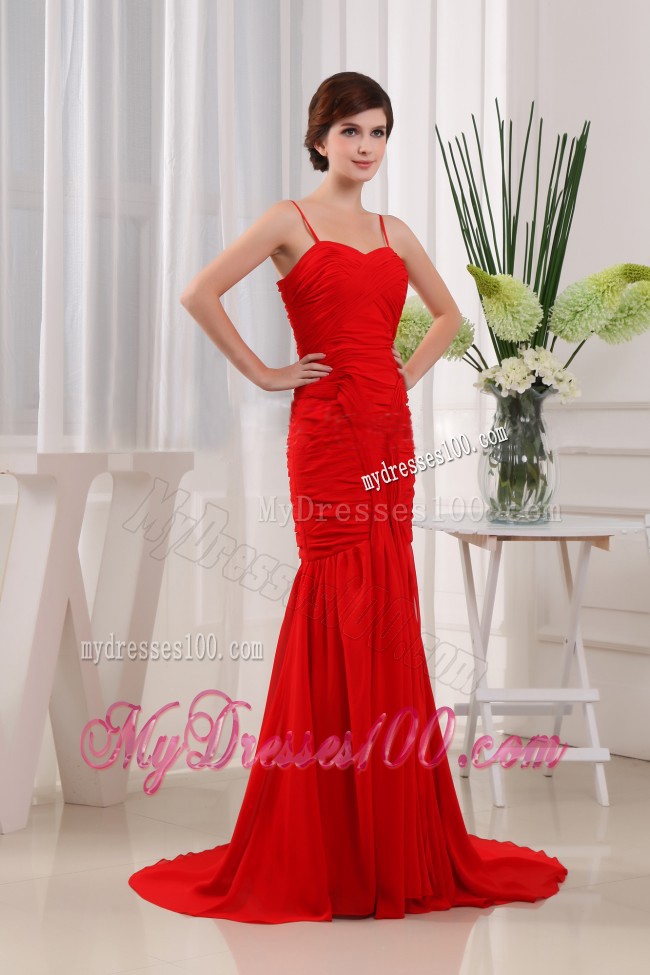 Spaghetti Straps Ruching Prom Gown in Hot Pink with Court train
