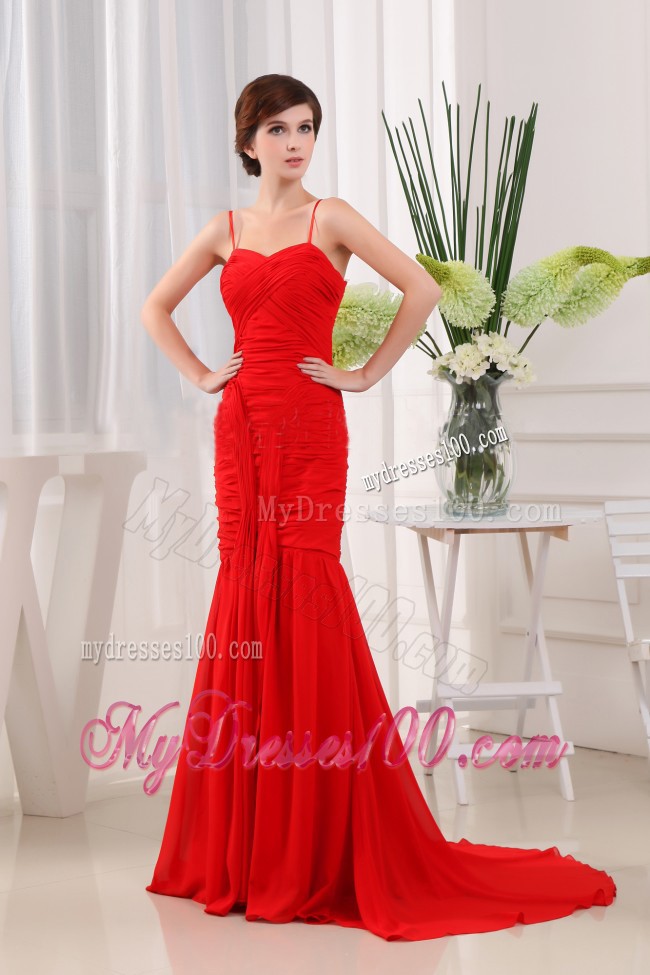 Spaghetti Straps Ruching Prom Gown in Hot Pink with Court train