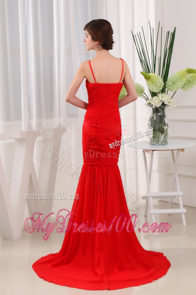 Spaghetti Straps Ruching Prom Gown in Hot Pink with Court train