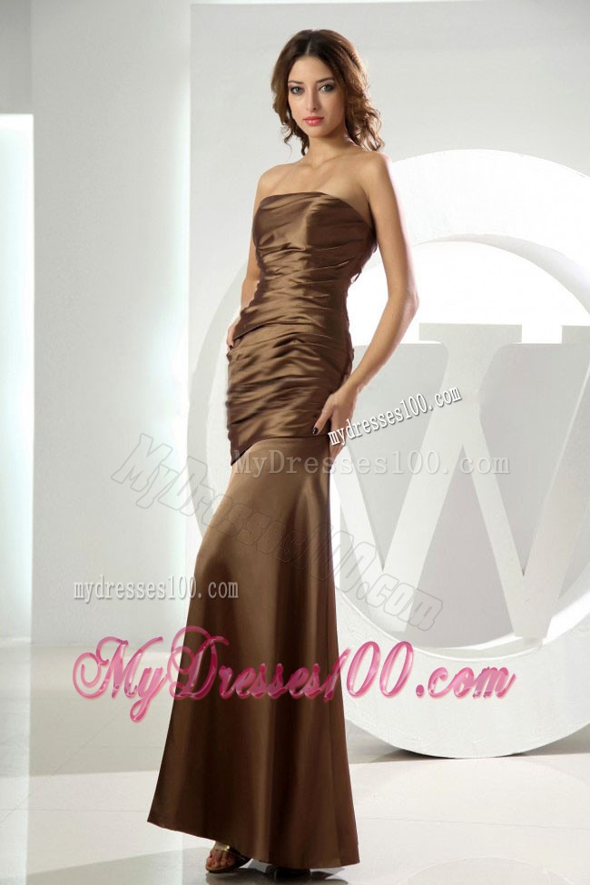 Mermaid Strapless Prom Dress in Brown Decorated with Ruching