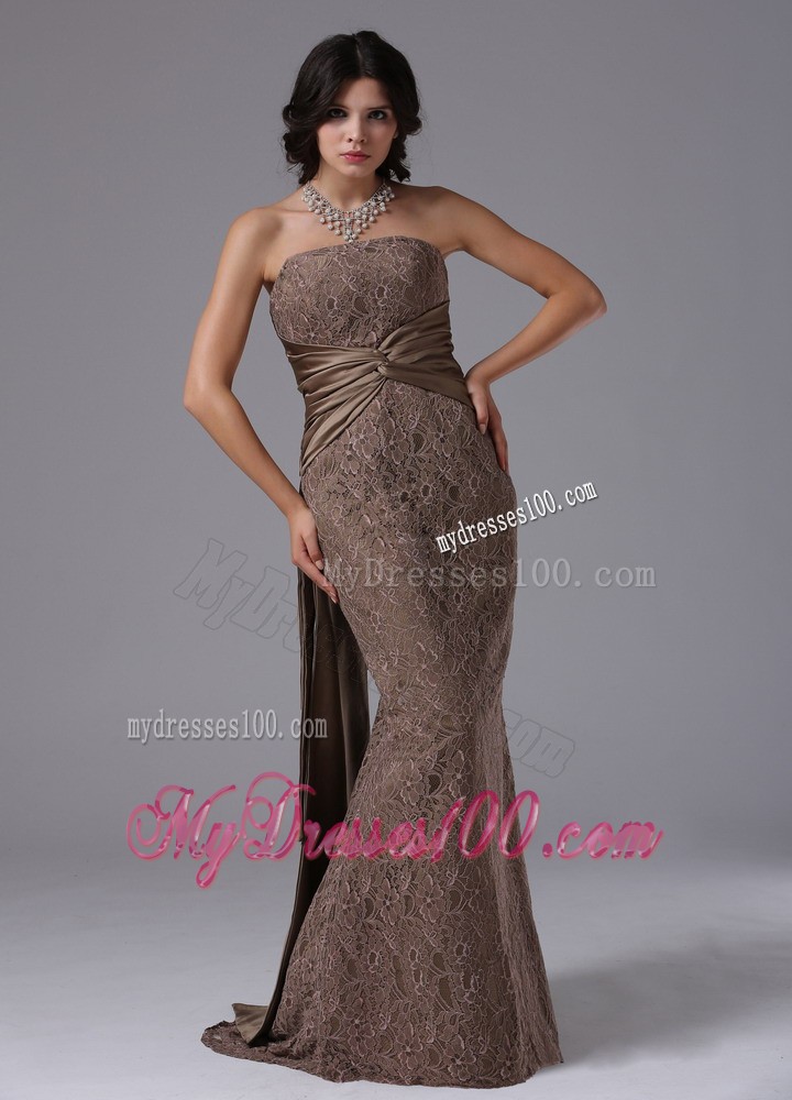 Brown Lace Strapless Prom Dress with Watteau Train