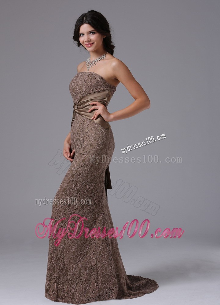 Brown Lace Strapless Prom Dress with Watteau Train