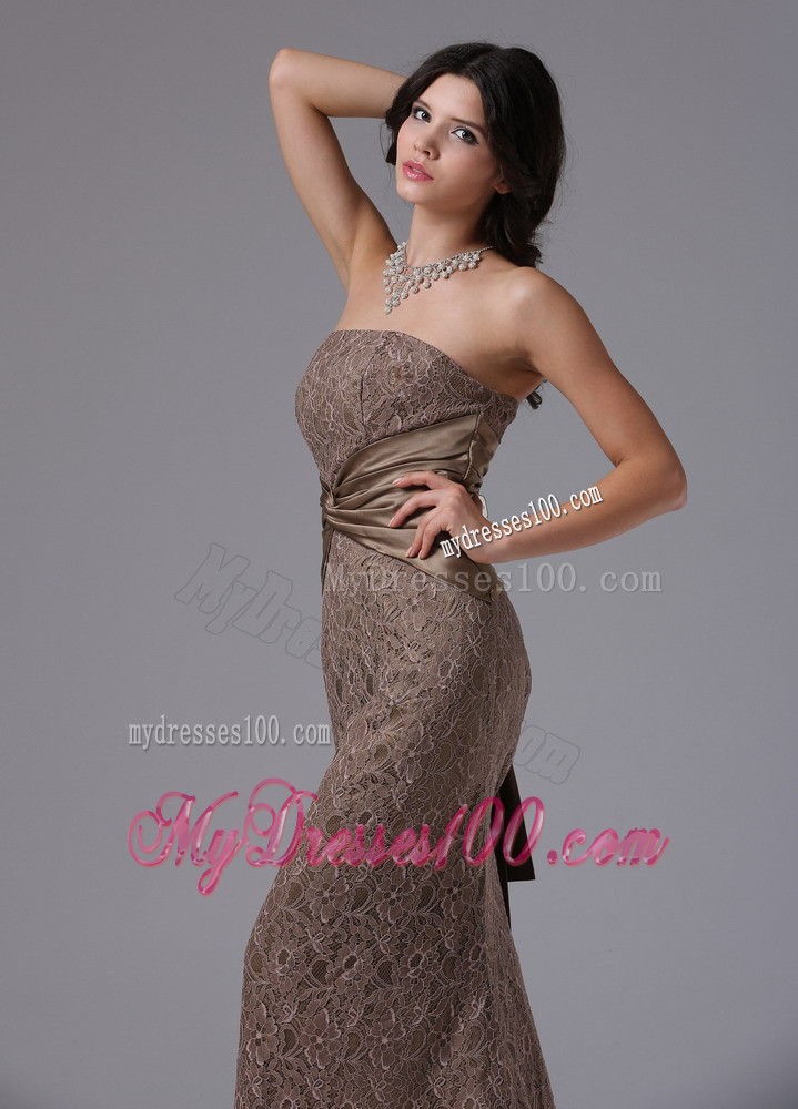 Brown Lace Strapless Prom Dress with Watteau Train
