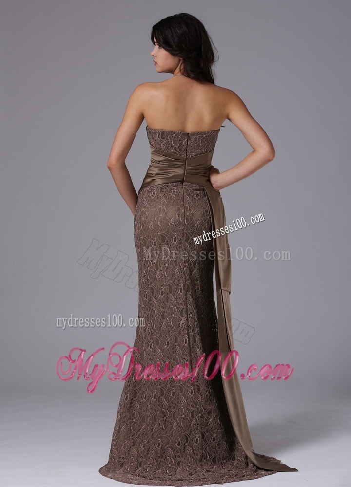 Brown Lace Strapless Prom Dress with Watteau Train