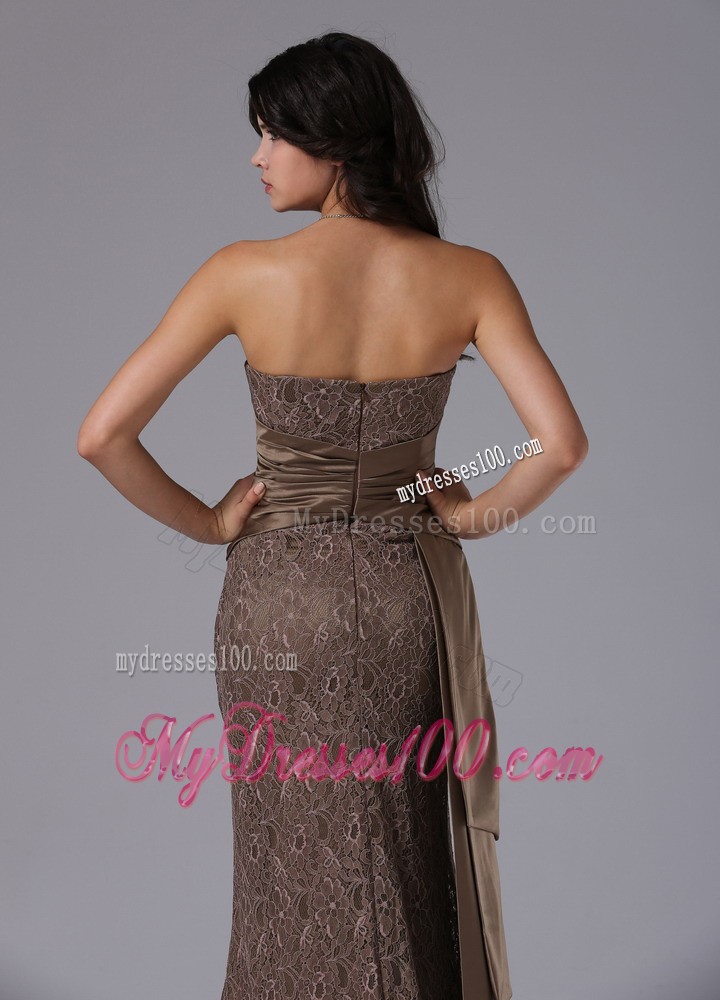 Brown Lace Strapless Prom Dress with Watteau Train