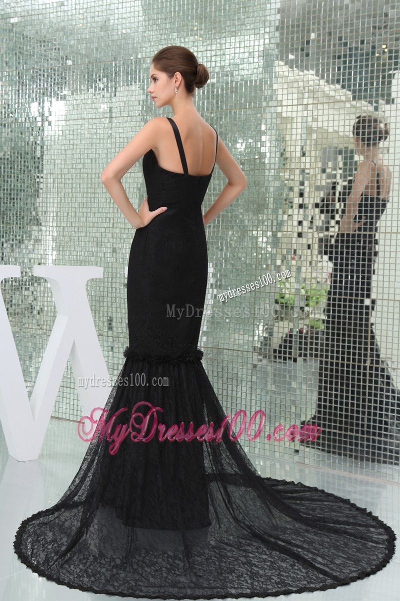 Elegant Court Train Spaghetti Straps Black Prom Dress Well-packaged