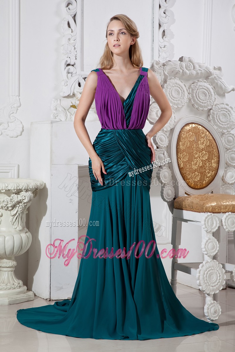 Straps V-neck Court Train Prom Dresses Decorated with Ruching For Ladies
