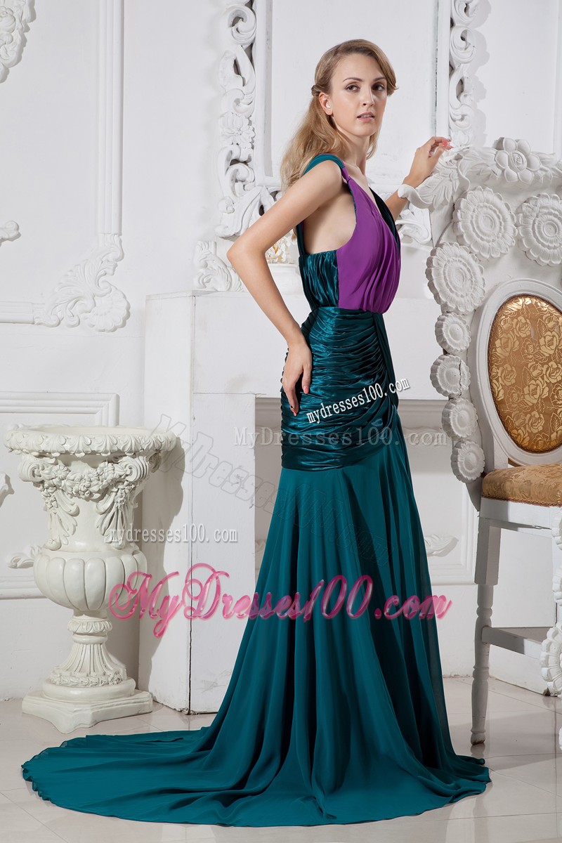 Straps V-neck Court Train Prom Dresses Decorated with Ruching For Ladies