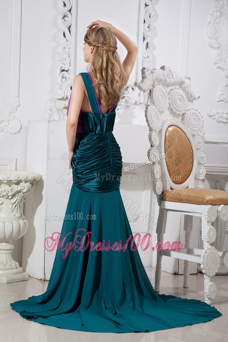 Straps V-neck Court Train Prom Dresses Decorated with Ruching For Ladies
