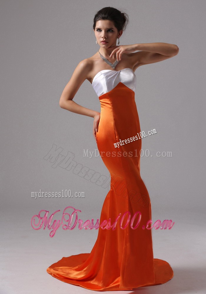 Orange Trumpet Court Train Dress for Prom with White Sweetheart Neckline