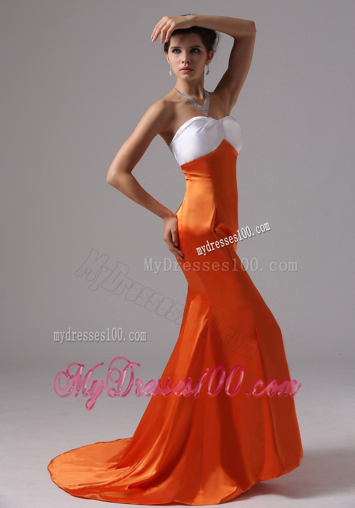 Orange Trumpet Court Train Dress for Prom with White Sweetheart Neckline