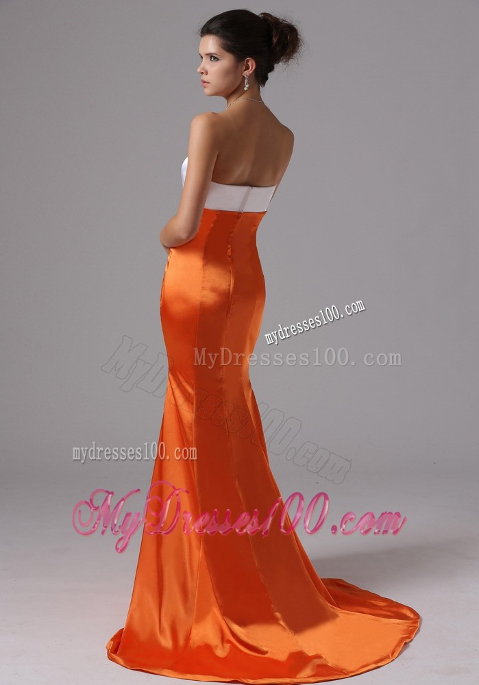 Orange Trumpet Court Train Dress for Prom with White Sweetheart Neckline