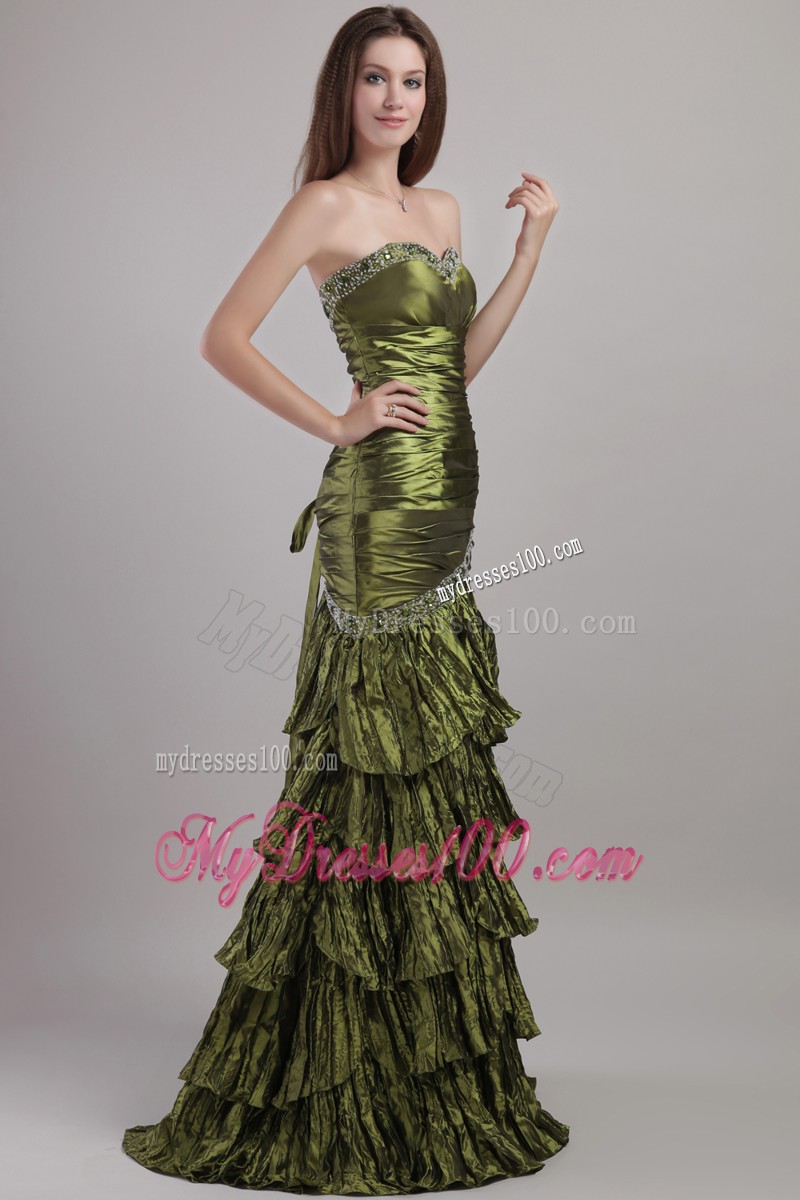 Ruffle Layers Beaded Ruche Floor Length Olive Green Prom Dress Strapless