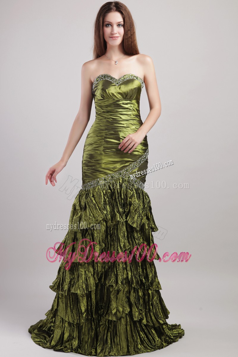 Ruffle Layers Beaded Ruche Floor Length Olive Green Prom Dress Strapless