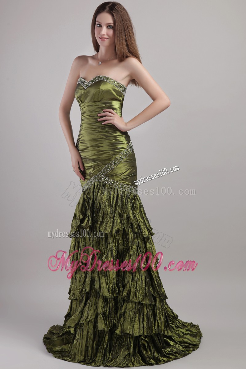 Ruffle Layers Beaded Ruche Floor Length Olive Green Prom Dress Strapless
